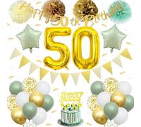 50th Birthday Decorations for Women - Gold Green Balloons Party Decoration Set Happy 50th Birthday Banner Pennant Number 50 Balloon Cake Topper Paper Pom Pom for Women Men 50 Years Old Party Supplies