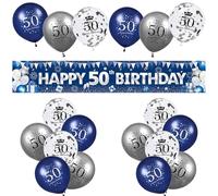 50th Birthday Decorations for Women Men, Blue Happy 50th Birthday Banner and Navy Blue Silver Birthday Balloons 50th Birthday Decoration Kit for 50th Birthday Party Decorations