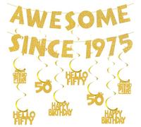 50th Birthday Decorations for Women Men - Glitter Awesome Since 1975 Banner Hanging Swirls Gold, Happy Birthday Party Decoration Hello Fifty Streamers Bunting for 50 Years Old