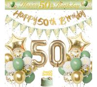 50th Birthday Decorations for Women Men, Green Gold 50th Birthday Balloons | 50th Party Decorations, Banners Number 50 Foil Balloon Heart Balloon Sash Cake Topper