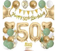 50th Birthday Decorations for Women & Men - Green & Gold Party Supplies Set with Banner, 40 inch Foil Balloons, Cake Topper & Latex Balloons - Happy 50th Birthday Bunting & Confetti Balloon