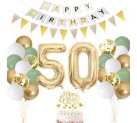 50th Birthday Decorations for Women Men, Sage Green White Gold Balloons Pack, Foil Number 50 Balloon with Cake Topper , Balloons and Banners for 50th Birthday Party Decorations