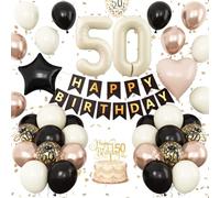 50th Birthday Decorations for Women Men,Sand White Black Birthday 50 Balloons Banner 50 Foil Star Heart Balloons with Cake Topper for 50 Year Old Party Decoration