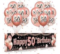 50th Birthday Decorations for Women Rose Gold and Black 50th Birthday Yard Banner and 18 PCS 50th Birthday Balloons for 50th Anniversary Birthday Party Party Supplies Indoor Outdoor Yard Decor