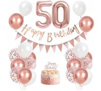 50th Birthday Decorations for Women - Rose Gold and White Balloon Party Set with Happy Birthday Banner, Number 50 Balloons and Cake Topper - Elegant 50th Birthday Party Supplies Kit