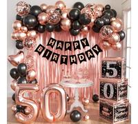 50th Birthday Decorations for women (Total 70pcs) rose gold happy birthday Banner, Pennant, Hanging Swirl, Foil Backdrops, party balloons, props photos, it’s my 50th birthday pink sash for her