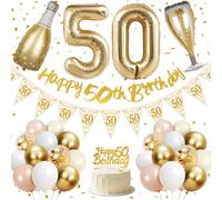50th Birthday Decorations, Happy 50th Birthday Banner, 40 inches 50 Foil Balloons, Champagne Golden Bottle and Glass, Gold, Pink, White and Confetti Balloons, 50th Party Decorations for Women