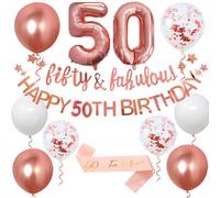 50th Birthday Decorations Include Rose Gold Fifty & Fabulous Banner,Happy 50th Birthday Banner Sash Ribbon and Balloons for Women Party Birthday Decoration