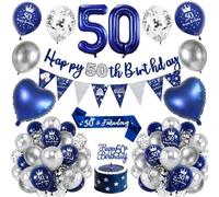 50th Birthday Decorations Men,Royal Blue Silver 50 Birthday Balloons with Happy 50th Birthday Banner, Number 50 Foil Balloons, Birthday Sash, Cake Topper,50th Birthday Party Decorations Set for Him