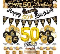 50th Birthday Decorations Party Set - 35 Pcs Gold Black Banners Pull Flag Latex Balloons Bunting Cupcake Toppers Shoulder Straps For Girls Women Happy Birthday Party Large Background Decorations