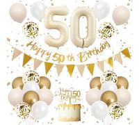 50th Birthday Decorations Sand White Gold,Happy 50th Banner with Cake Toppers,Confetti Balloons,Beige Number 50 Balloons for Women Men Birthday Party