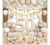 50th Birthday Decorations, Sand White Gold Party Decoration with 50 Year Old Foil Balloon Set, Beige Gold Happy Number 50 Birthday Banner with Cake Decoration for Women Men Boho Party Supplies