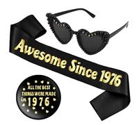 50th Birthday Decorations Sash Gift - 3 Pcs Black Gold Awesome Since 1976 Sash Button Badge Sunglasses Gift for Women Men 50 Year Old Birthday Party Accessories Supplies