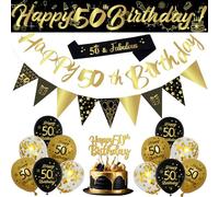 50th Birthday Decorations Set, 18Pcs Black Gold Balloons Kit with Sash, Banners, Triangle Flags, Cake Topper, Black Gold and Sequin Balloons for Men Women 50th Birthday Party Decorations Supplies