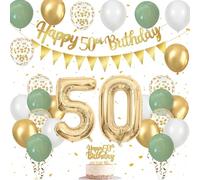50th Birthday Decorations Set, 50Birthday Balloons with Sage Green, White and Gold Balloons, Happy Birthday Banner and Cake Topper, 50 Balloon, for 50 Years Old Party Decorations for Men Women