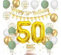50th Birthday Decorations Set, 50th Birthday Balloons with Sage Green, White and Gold Balloons, Happy Birthday Banner and Cake Topper, 50 Balloons, for Birthday Party Decorations for Men Women