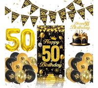 50th Birthday Decorations Set - Black And Gold Birthday Balloons, Banners, Cake Topper, 50th Balloons For Men Women Party Decorations Supplies