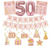 50th Birthday Decorations Women Balloons - 14 Pcs Rose Gold Awesome Since 1976 Theme With Number Foil Balloon Banner Hanging Swirls Vintage Poster For 50 Year Old Party Supplies