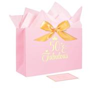 50th Birthday Gift Bag, 50th Birthday Gifts for Her, Large Pink Gift Bag with Card and Tissue Paper, Birthdays Gifts for Girls, Weddings, Valentine's Day, Party Favors