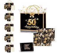 50th Birthday Gift Bag for Women Men,11×8×4" Black Gold 50th Gift Bag with 50th Birthday Wrapping Paper Tissue Paper Sheets Card and Ribbon for Him Her Female Male 50th Birthdays Present Decorations