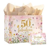 50th Birthday Gift Bag for Women with Greeting Card and Champagne Tissue Paper, Vintage 1976 Floral Large Luxury Present Wrap Set for Mum Wife Sister, Heavy Duty Wildflower Theme