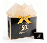 50th Birthday Gift Bag with Card & Tissue Paper 12.6Inch Elegant Black Gold for Men Women Him Medium Gift Bags for Birthdays Party, Anniversary, Present Decorations