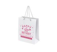 50th Birthday Gift Bags - White Paper Bags with Handles for Women & Men - Large Portrait Eco-Friendly - Pink