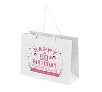50th Birthday Gift Bags - White Paper Bags with Handles - Large Eco-Friendly Recycled Presents - Pink