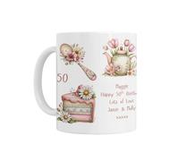 50th Birthday Gift for Her - Personalised 50th Birthday Ceramic Mug, Floral Tea Cup & Tea Pot Design with Butterfly and Cakes