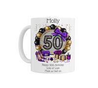 50th Birthday Gift for Her - Personalised 50th Birthday Coffee Mug, White Ceramic, Age 50 Purple and Gold Balloon Design, Customisable Name and Message