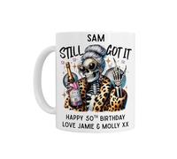 50th Birthday Gift for Her - Personalised 50th Birthday Mug, Age 50 Still Got It Skull Design with Leopard Print, White Ceramic Coffee Mug, Customisable Gift