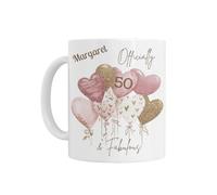 50th Birthday Gift for Her - Personalised 50th Birthday Mug, Officially 50 and Fabulous Balloon Design, White Ceramic