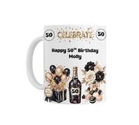 50th Birthday Gift for Her - Personalised Age 50 Birthday Ceramic Mug, Celebration Design with Black & Gold Balloons and Roses