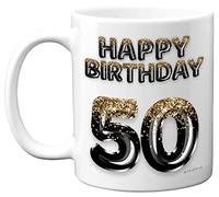 50th Birthday Gift for Men - Black Gold Glitter Balloons - Happy Birthday Mug Present for 50 Year Old Dad Brother Colleague Uncle Friend, 11oz Ceramic Dishwasher Safe Coffee Mugs Cup