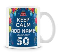 50th Birthday Gift for Men - Personalised Mug/Cup - Add Name - Keep Calm Design - Blue