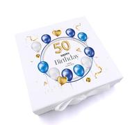 50th Birthday Gift Personalised Keepsake Memory Box With Blue Balloons (Medium)