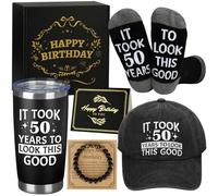 50th Birthday Gifts for Men - Premium Black Gift Set Including Stainless Steel Tumbler 20oz, Baseball Cap, Cotton Socks, Natural Stone Bracelet & Birthday Card - It Took 50 Years to Look This Good