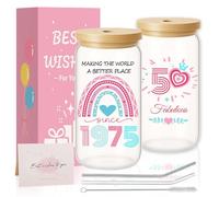 50th Birthday Gifts for Women, 50th Birthday Present Creative Glass Cups with Lids and Straws, Interesting Personalized Iced Coffee Glass Mug, Gifts For Best Friend Sister Wife Auntie Daughter Gift