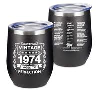 50th Birthday Gifts for Women and Men - 1974 50th Birthday Decorations - 12 Oz Insulated Stainless Steel Wine Tumbler with Lid for Her Wife Mom Grandma Aunt Friend, Black