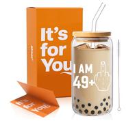 50th Birthday Gifts for Women, Men - Cheers to 50 Years Aesthetic Can Shaped Glass Cup, 16oz Iced Coffee Tumbler - Happy 50th Birthday Gift Set with Lid, Straw & Card