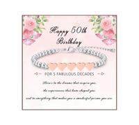 50th Birthday Gifts for Women, Silver Bead Bracelet with Rose Gold Heart Adjustable Bracelet for Women with Birthday Card Presents for Friends Mum Sister Grandma Nana Auntie