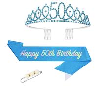 50th Birthday Girl Sash and Tiara,Blue 50th Birthday Crown and Sash for Her,Girls 50th Birthday Decorations Party Accessories,Birthday Crown Costume Set for Girls 50th Birthday Gifts