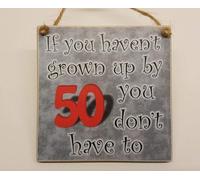 50th Birthday Hanging Plaque, Humorous Quote Sign, 10 cm x 10 cm, Grey and Red, Perfect To Hang On Wine Bottle Or Gift Bag, Tag Sign