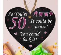 50th Birthday Heart Plaque | MDF Wooden Sign "So You're 50 It Could Be Worse" | Funny Gift for Milestone Celebration | Family & Friends Keepsake Hanging Gift (Pink & Black)