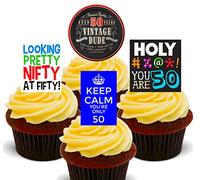 50th Birthday Male, Funny Edible Cupcake Toppers - Stand-up Wafer Cake Decorations (Pack of 24)