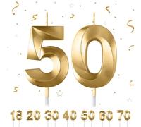 50th Birthday Number Candles - 3D Gold Candle for Party Cake Topper Decorations