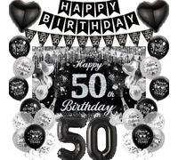 50th Birthday Party Decorations Banner Black Silver Backdrop Balloons Set