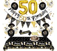 50th Birthday Party Decorations - Black Gold 50th Happy Birthday Balloons Banners Tablecloth Cake Topper Sash Bunting Flags Number Balloons for Adults Men Women 50th Birthday Decor