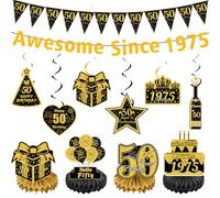 50th Birthday Party Decorations Set - 12 Pcs Black Gold Glitter Banner Hanging Swirls & Honeycomb Centerpieces Awesome Since 1975 Party Favours for Women Men, Anniversary Celebration Supplies Decor