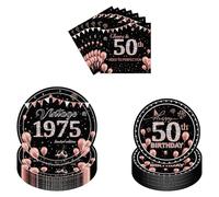 50th Birthday Party Tableware Set - 96 Pcs Black Rose Gold Paper Plates and Napkins Dinnerware Party Supplies for Women 50th Birthday Table Decorations Serve 24 Guests